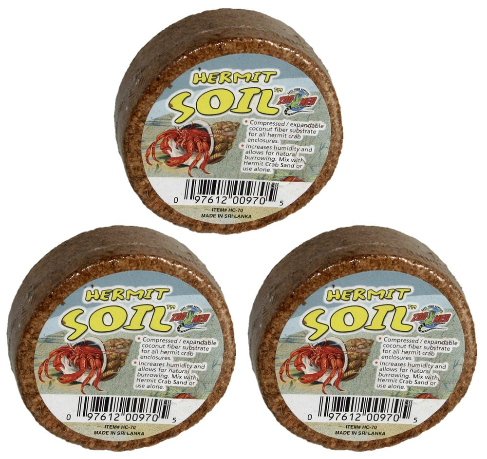 Zoo Med Hermit Crab Soil 3Pk packaging highlighting eco-friendly coconut fiber substrate for humidity.