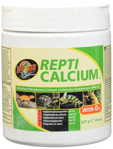Zoo Med reptile calcium with Vitamin D3 container shows easy-to-measure calcium for daily feedings