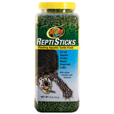 Zoo Med ReptiSticks floating packaging showing 8-ounce container for convenient daily nutrition.