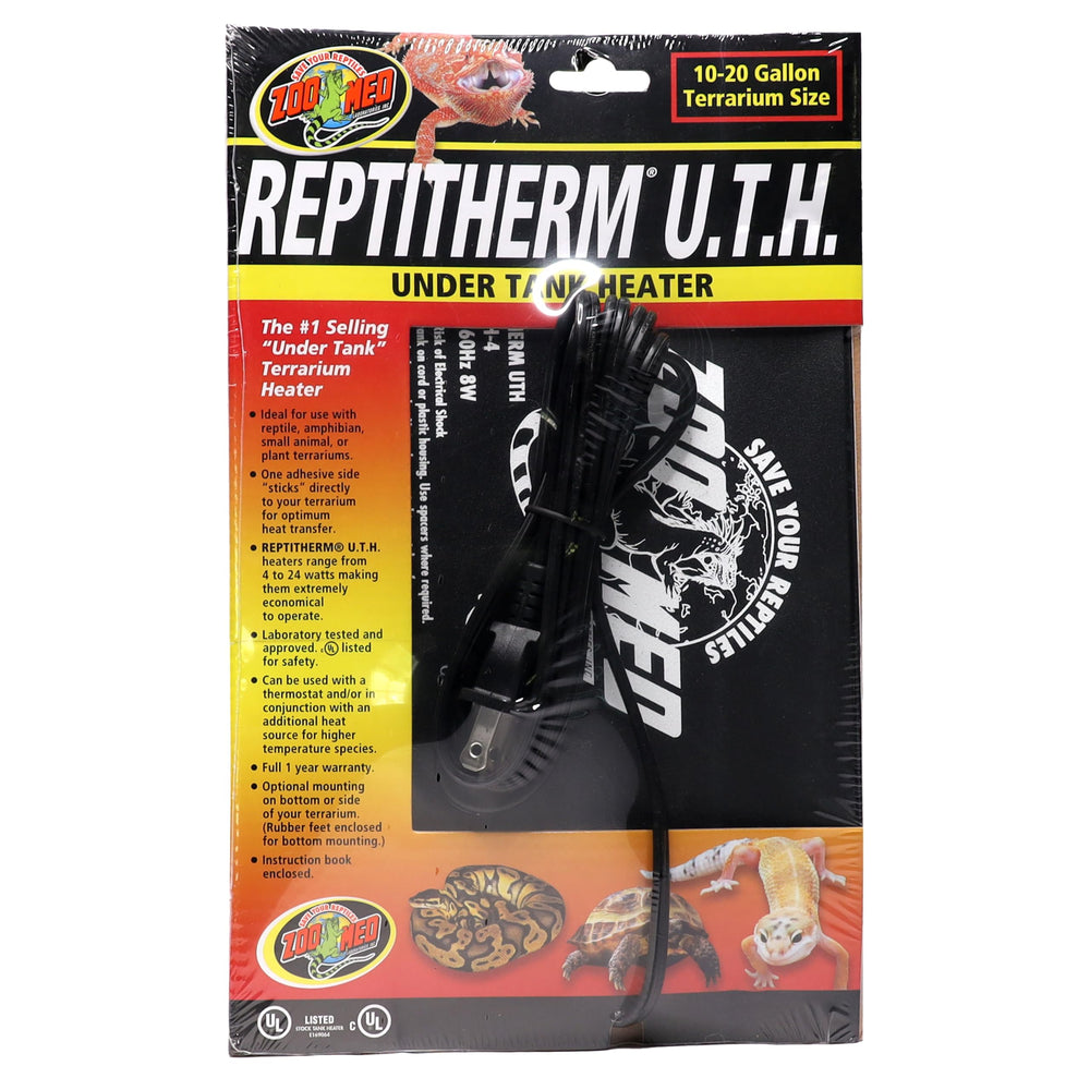 Zoo Med Reptitherm Undertank Heater 6x8 packaging highlights US-made quality and ready warmth.