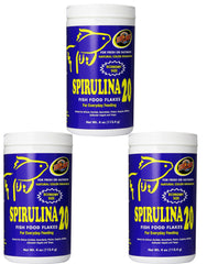 Zoo Med Spirulina 20 Flake packaging demonstrates a 3-pack for multi-tank feeding.