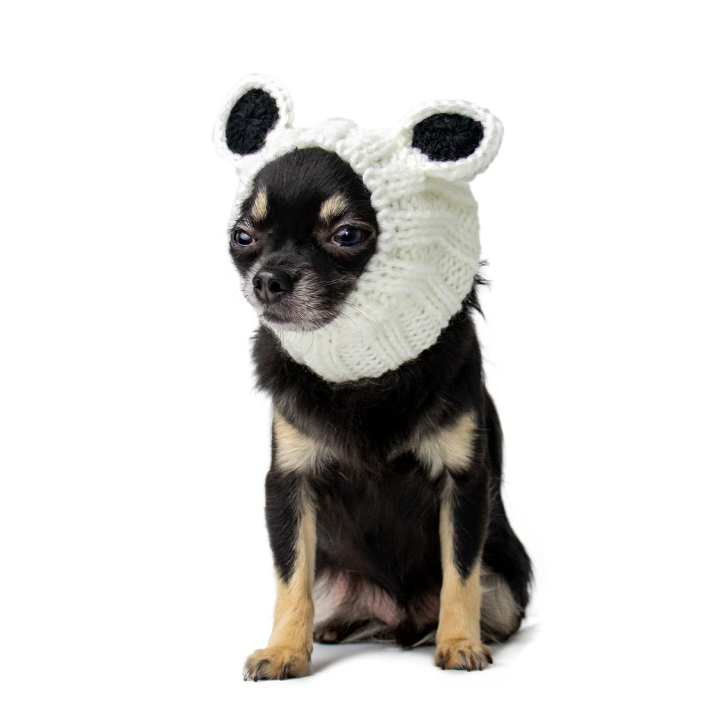 Zoo Snoods Panda Costume front view on small dog for warm winter style