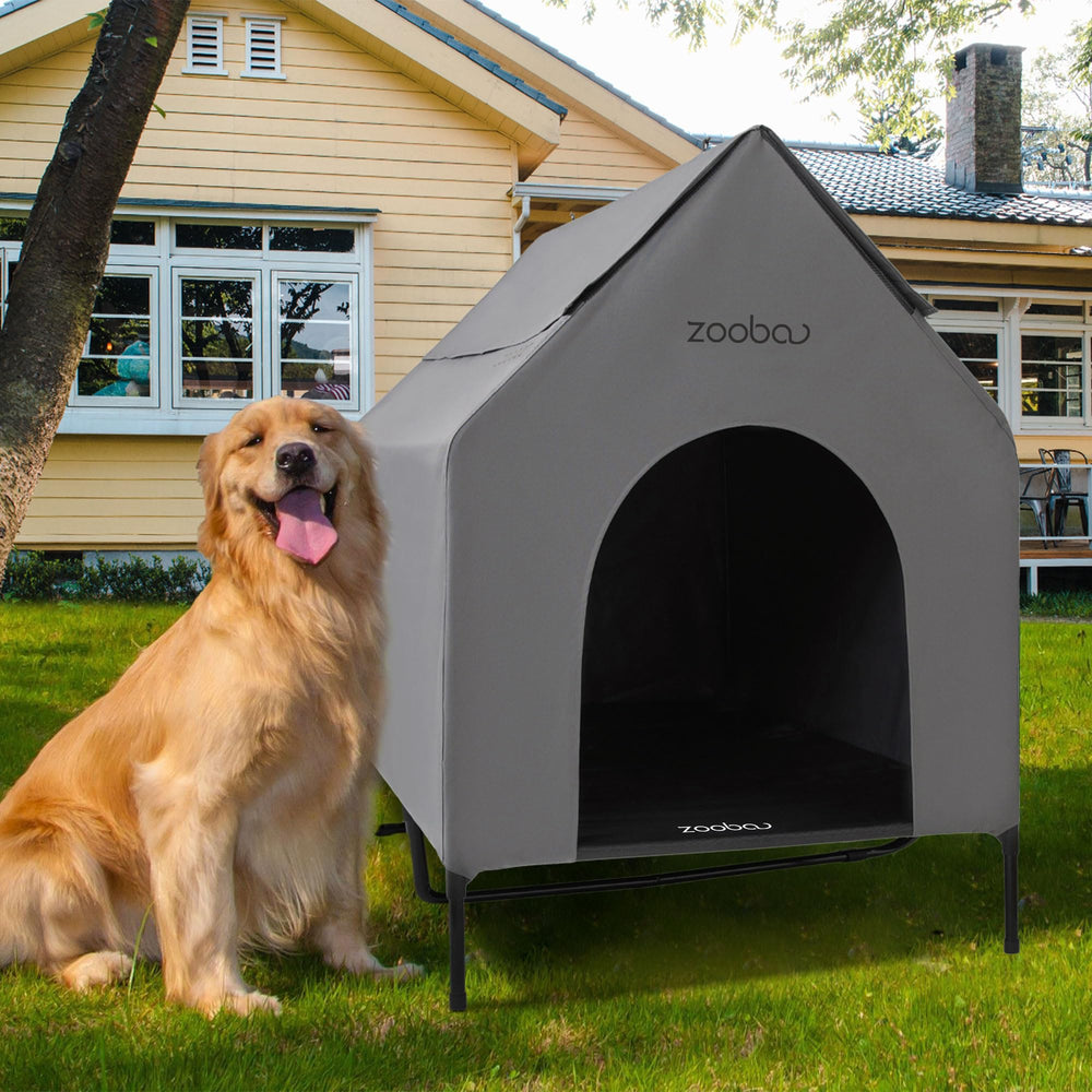 Zooba 48 XL outdoor dog house front view with weatherproof design for all seasons.