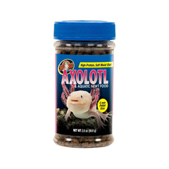 Zoo Med axolotl & aquatic newt food packaging shows easy-to-measure 2 oz portions.