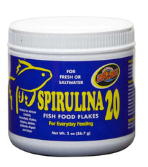 Zoo Med Spirulina 20 Flake bottle close-up shows protein-rich formula for color and growth