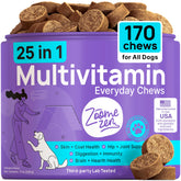 ZOOMEZEN dog multivitamin bottle pouring highlights all-in-one wellness for joints, skin, and immunity.
