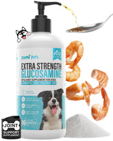 Zoomi Pets liquid glucosamine for dogs pour showing easy dosing for joint support