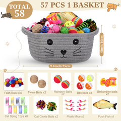 Zopeal 58 Pcs cat storage basket colorful flashing balls for chase and swat