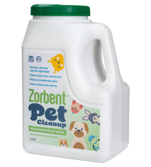 Zorbent Pet Cleanup bottle pour shows quick mix action for fast pet-mess cleanup.
