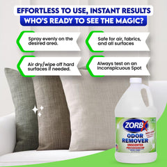 ZORBX unscented odor remover spray bottle for room-wide odor elimination.