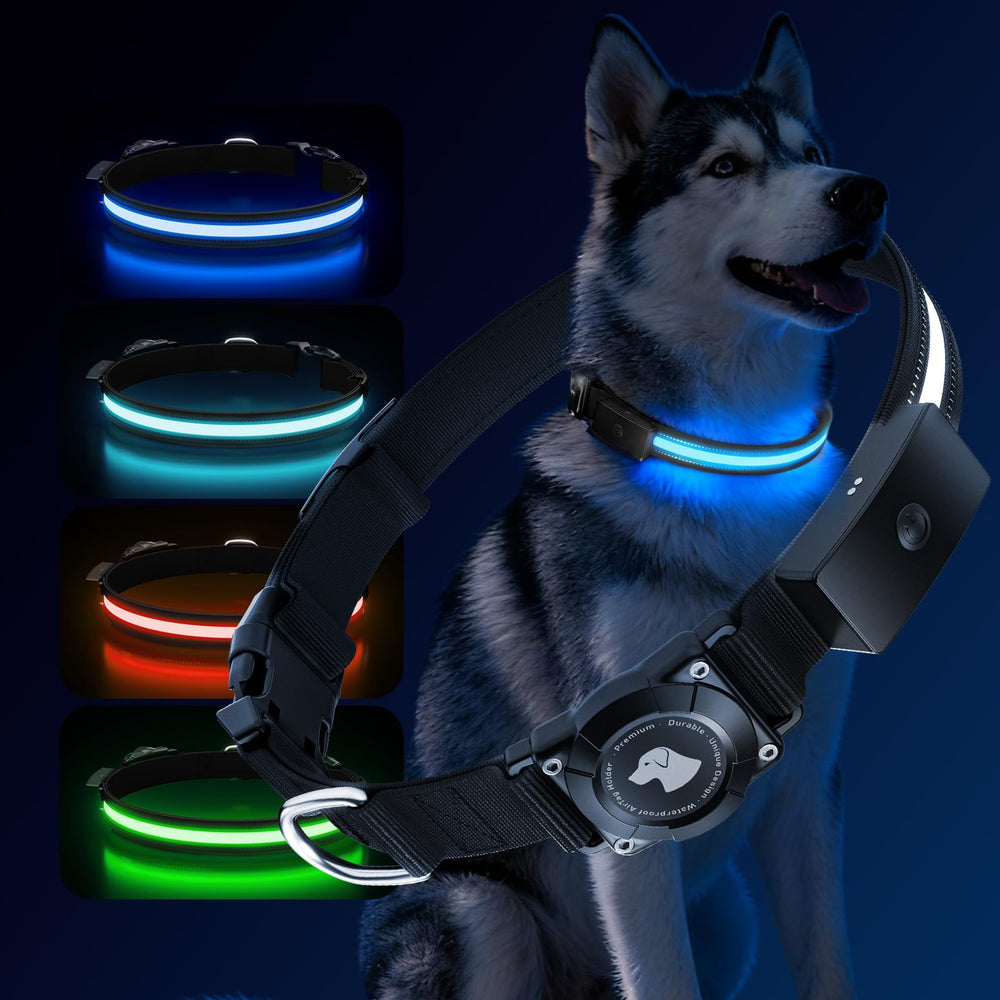 ZOWPET LED AirTag Dog Collar front view shows long-range night visibility for safer walks.