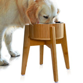 ZPirates elevated dog bowl stand shows a stable bamboo frame for large breeds during meals.