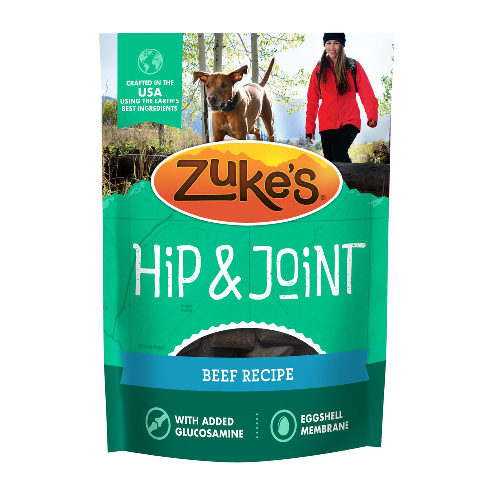 Zuke’s Hip and Joint front packaging shows real beef treats for dogs