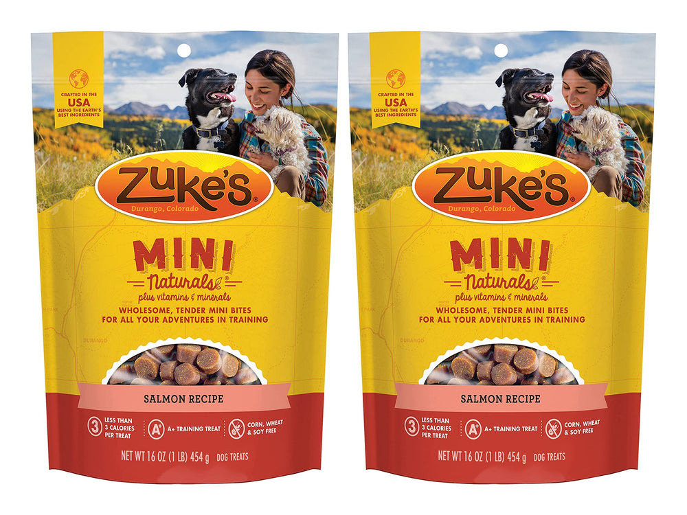 Zuke's Mini Naturals Salmon Recipe packaging in resealable pouch for freshness.