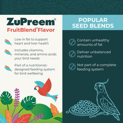 ZuPreem FruitBlend whole grains image highlights North American ingredients in the mix.