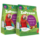 ZuPreem Pure Fun bird food packaging shows a convenient 2 lb pack for large birds
