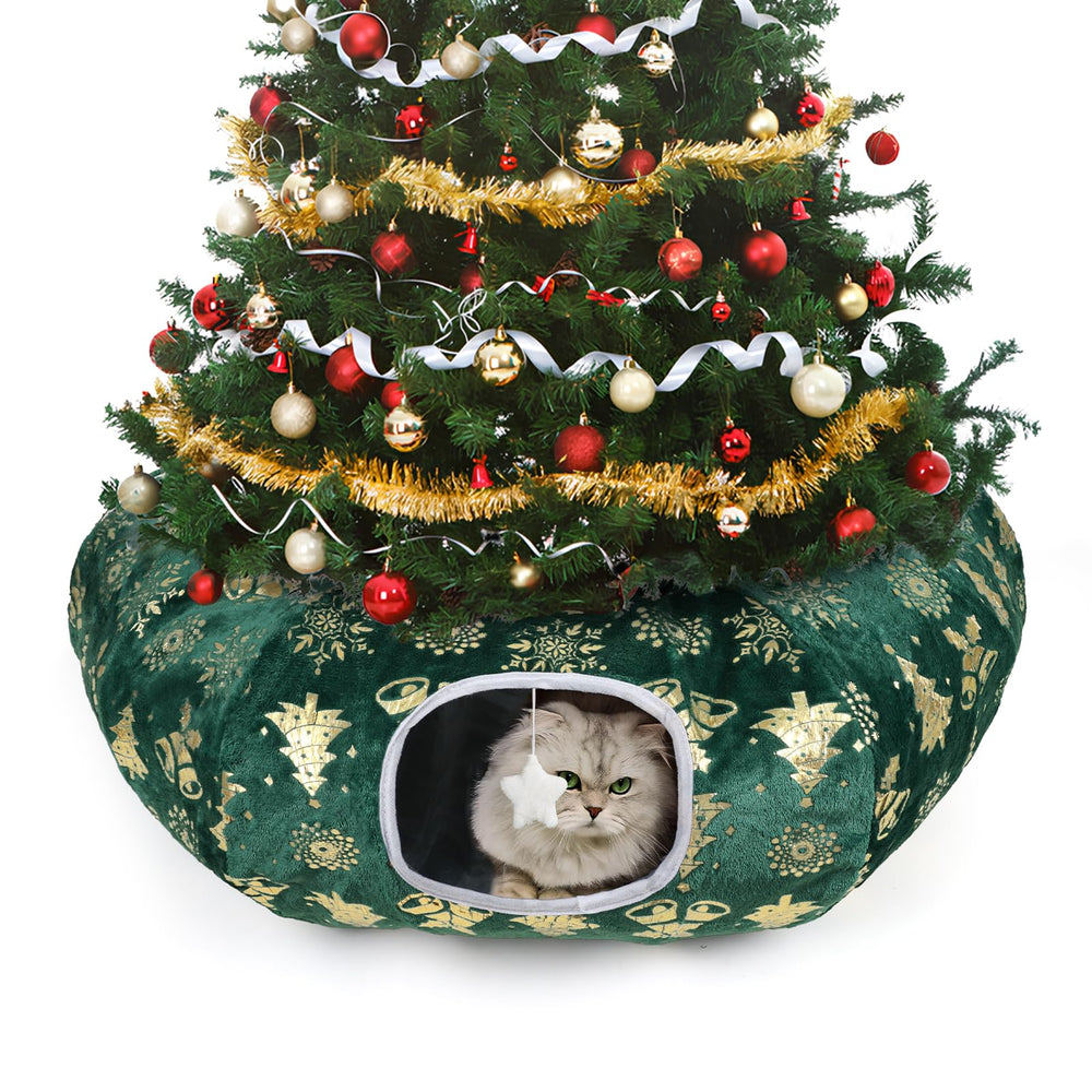 Zuqqony cat tunnel bed Christmas-tree-skirt keeps cats warm while decorating the tree.