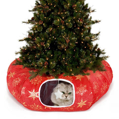 Zuqqony cat tunnel bed Christmas-tree integration for cozy play and tree protection.