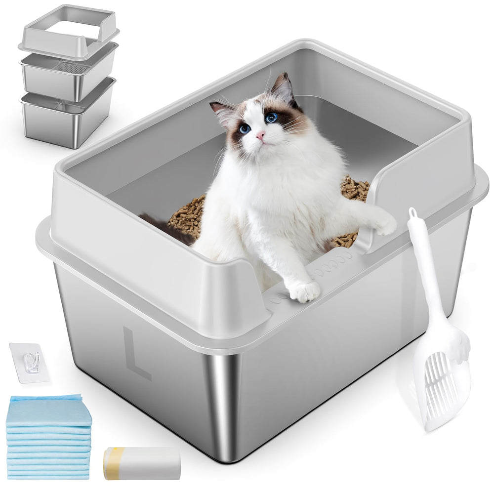 Zuqqony stainless steel cat litter box with lid reduces spills and preserves privacy.