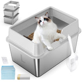 Zuqqony stainless steel cat litter box with lid reduces spills and preserves privacy.