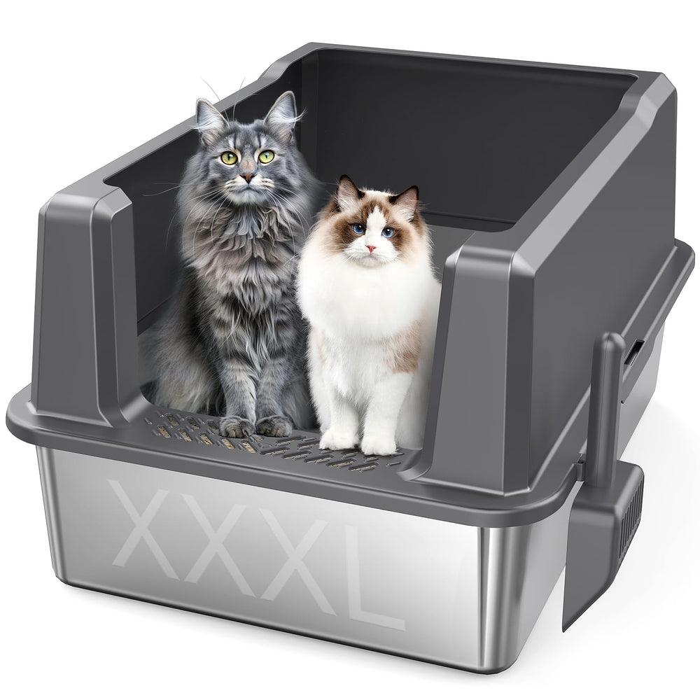 Zuqqony XXXL stainless steel litter box with lid shows roomy space for large cats.