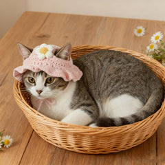 Zyghjort pink crochet cat hat on a pet with ears visible for cosplay