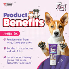 Zymox Funky Paws application on paw - hydrates relief for irritated skin.