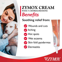 Zymox veterinarian-strength topical cream 1oz tube closeup label highlights hydrocortisone for itching relief