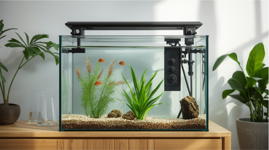 Beginner aquarium setup with clear water, filter and simple plants in a UK home