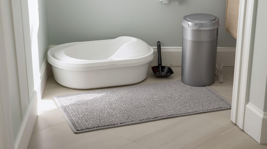 Clean cat litter tray setup with litter mat and hygiene essentials in a UK home