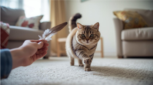 Indoor cat playing with a feather teaser toy for daily enrichment