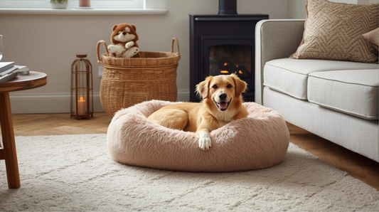 Dog resting comfortably on a plush dog bed in a UK home living room