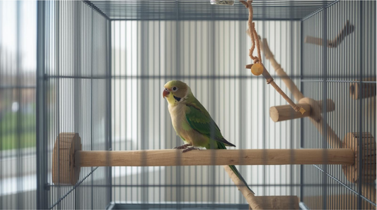 Pet bird inside a spacious cage with perches and enrichment toys