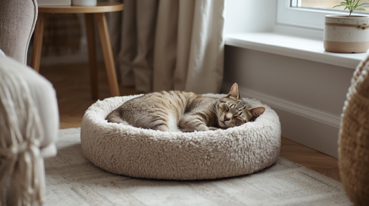 Cat sleeping comfortably in a soft plush cat bed inside a UK home
