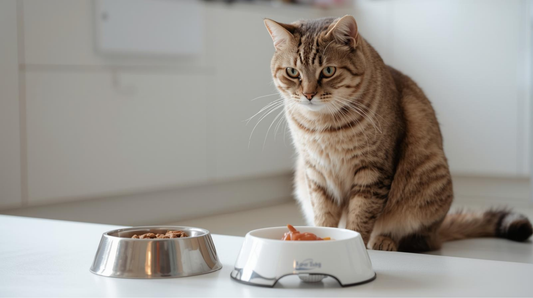 Cat food setup with wet food, dry kibble and fresh water in a UK home kitchen