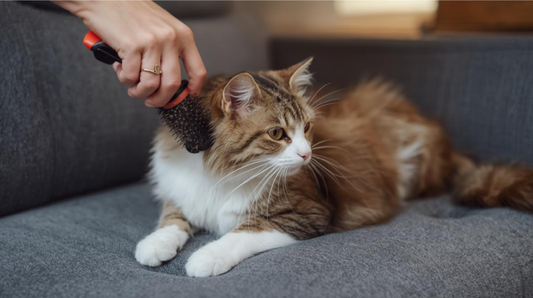 Cat being gently brushed indoors to reduce shedding
