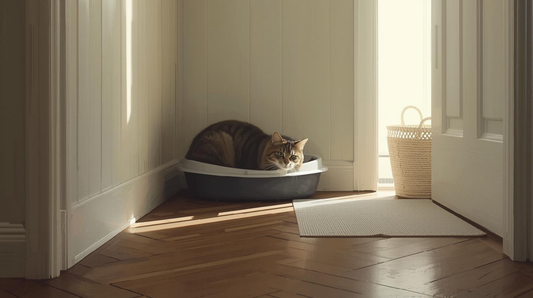 Clean cat litter area with mat in a home
