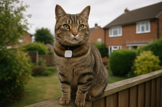 Tabby cat wearing a small tracker tag on its collar, sitting on a garden fence