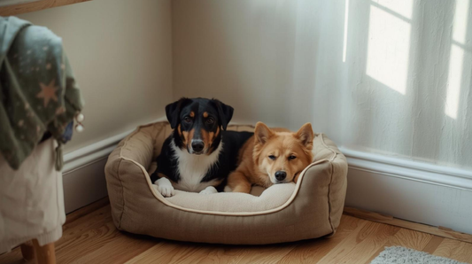 Pet resting comfortably on a bed in a living room