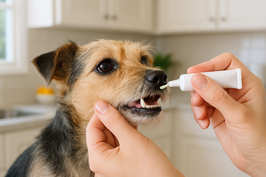 Small dog having dental gel applied to its teeth at home