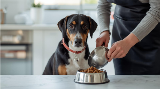 Dog waiting calmly while food is measured in a kitchen
