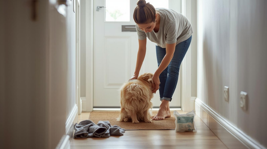 Dog being brushed at home with grooming essentials like towel and pet wipes in a UK hallway