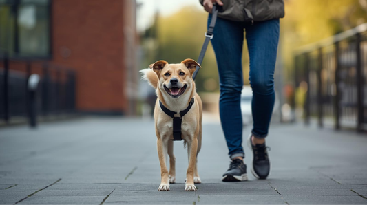 Dog walking in a UK park wearing a well-fitted harness and lead