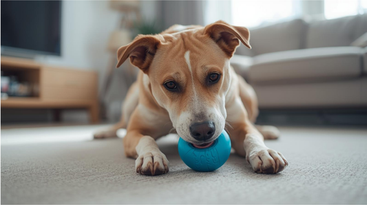 Dog chewing a durable rubber toy indoors
