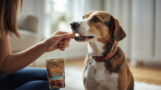 Dog receiving a small training treat indoors for positive reinforcement