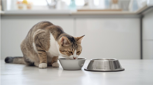 Indoor cat eating from a shallow bowl with fresh water nearby in a UK home