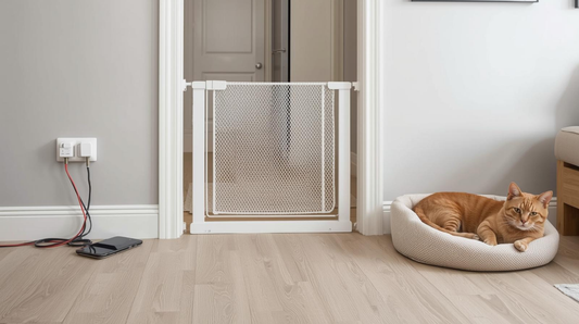 Pet feeding area with bowl, mat and food container