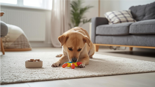 Dog playing with an interactive puzzle toy indoors for mental enrichment