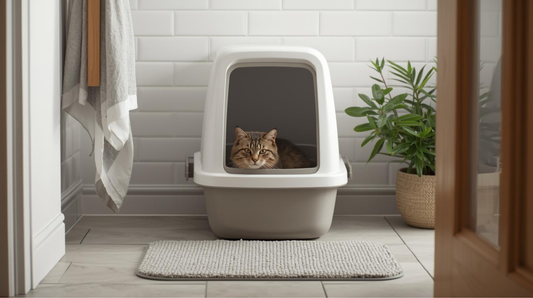 Open cat litter tray with litter mat placed in a clean UK home environment