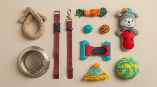 Essential pet accessories arranged neatly on a surface